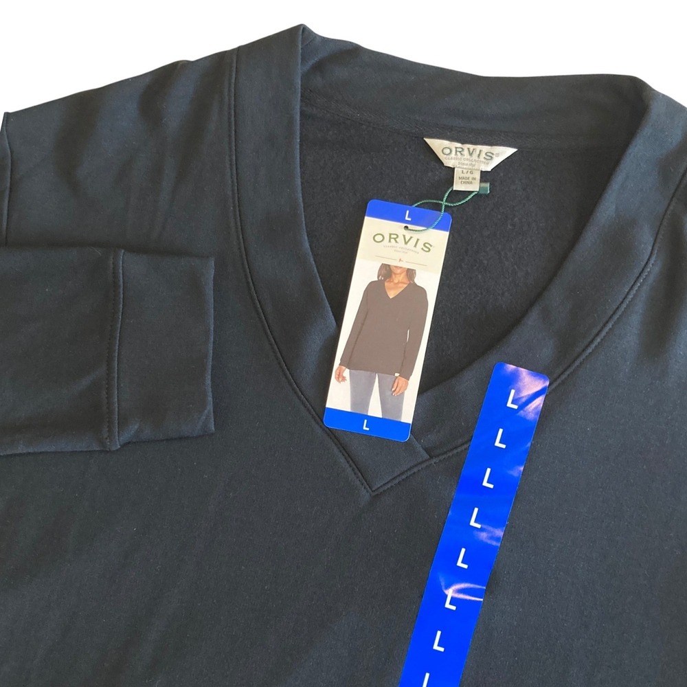 NEW Orvis Top Women L Classic Collection Black V-Neck Sweatshirt Modal Blend NWT